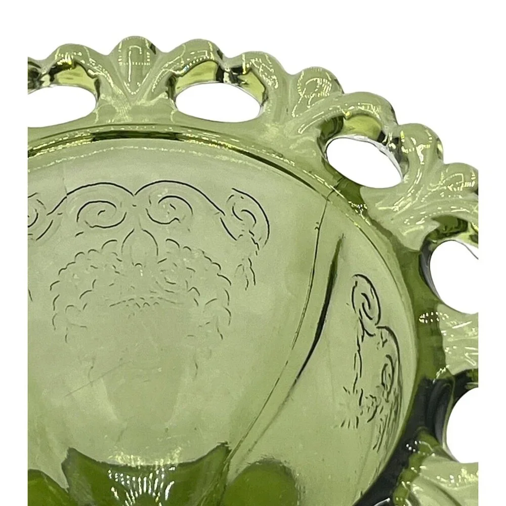 Vintage Green Glass Dessert Bowls Set Of 2 With Decorative Rim  Floral Design - Picture 9 of 15
